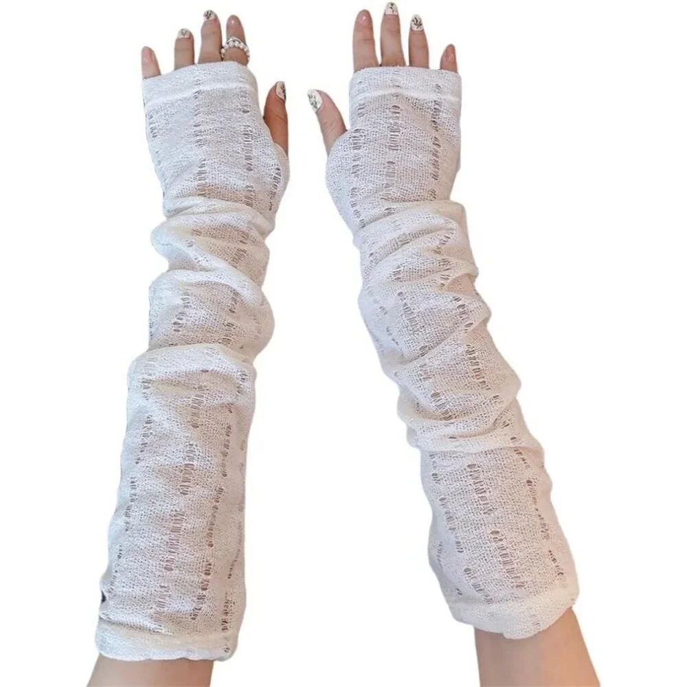 Women's Loose White Vintage Cosplay Party Sequins Hook Fingerless Long Gloves